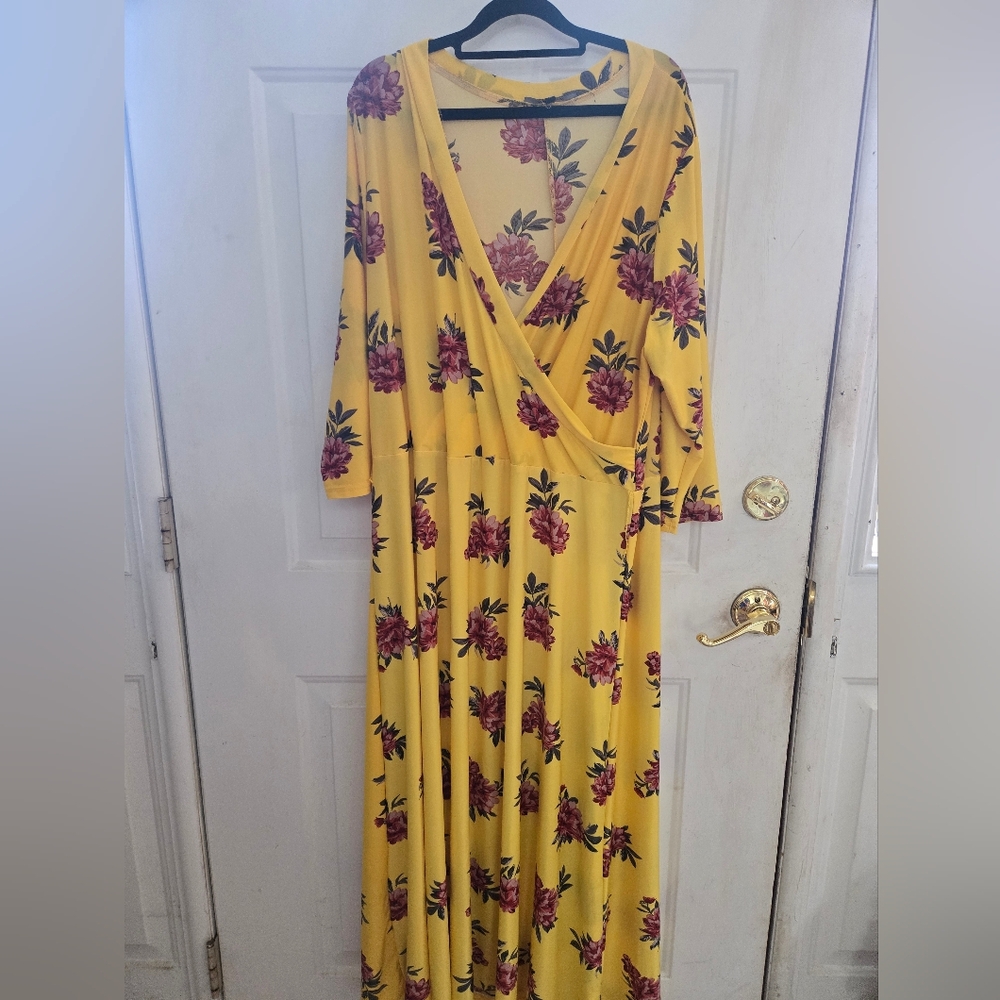 Yellow Floral Wrap-Front Maxi (Or Hits Mid Calf Depending On Height)Dress